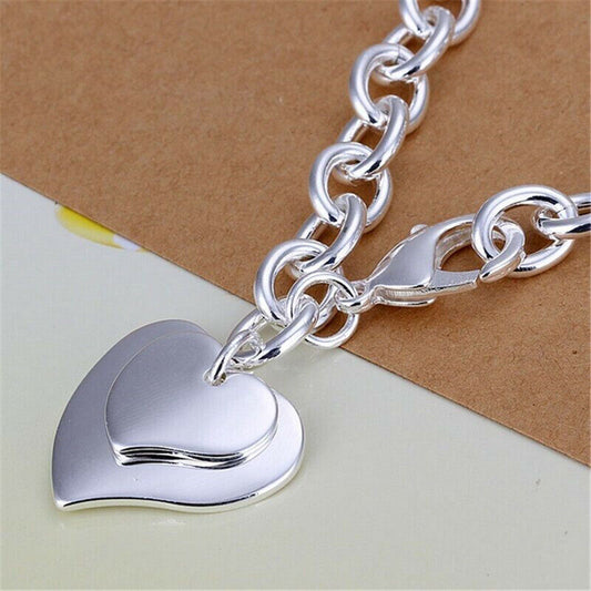 925 SILVER PLT FASHION DOUBLE LOVE HEART CHARM BRACELET / BANGLE / ANKLET LADIES