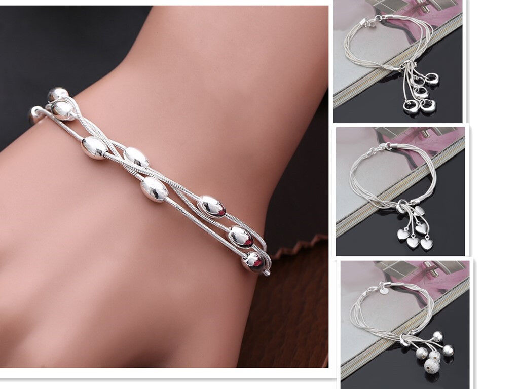 925 Sterling Silver plated Heart Charms Bracelet Beads Chain Ball Bangle Gift