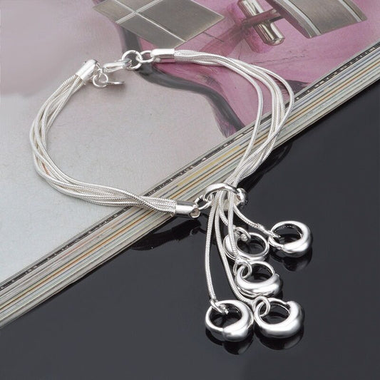 925 Sterling Silver plated Heart Charms Bracelet Beads Chain Ball Bangle Gift