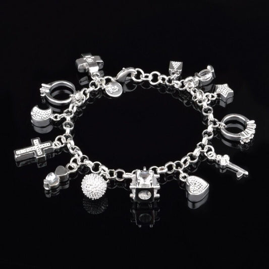 925 Sterling Silver plated Fashion Bracelet Crystal Charms Chain Link Jewery