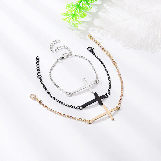 Mens Women Chain Black Cross Stainless Steel Pendant Crucifix Jesus UK Bracelet