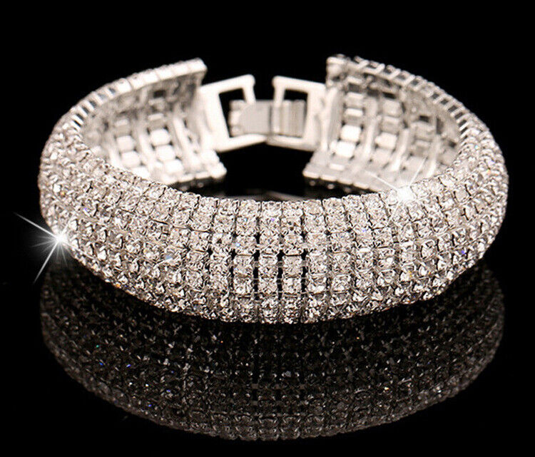 Women Sparkling Silver Crystal Stretch Bracelet Bling Shinny Shinny Fashion