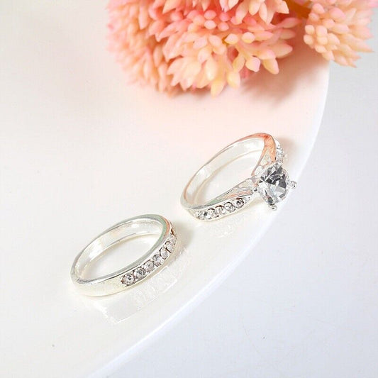 925 Sterling Silver plated Shinny Couple Rings Crystal Engagement Gift Set