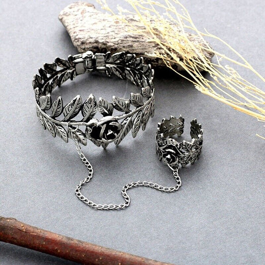 Women Rose Flower Leaf Bracelet Bangle Finger Ring Skull Hand Chain Fashion Gift