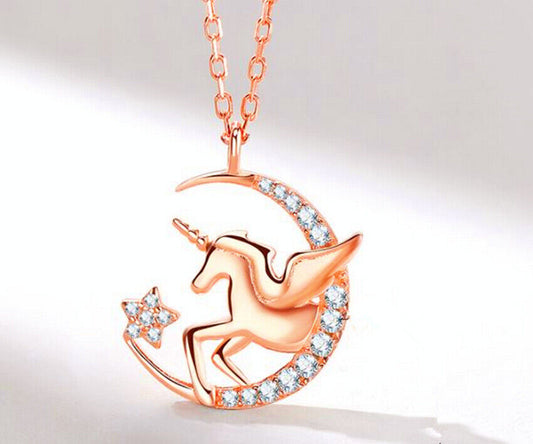 Moon Unicorn Crystal Pendant 925 Sterling Silver Chain Necklace Womens Jewellery