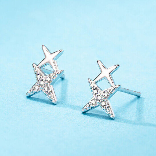 925 Sterling Silver Double Star Linked Stud Earrings Womens Jewellery New UK