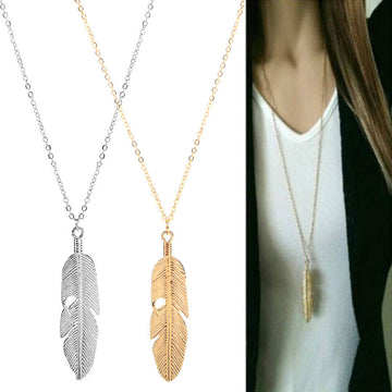 Big Feather Leaf Pendant Necklace Charm Long Chain Gold Silver Trendy Fashion