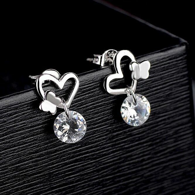 Women 925 Sterling Silver Crystal Heart Butterfly Stud Earrings Valentine's Gift