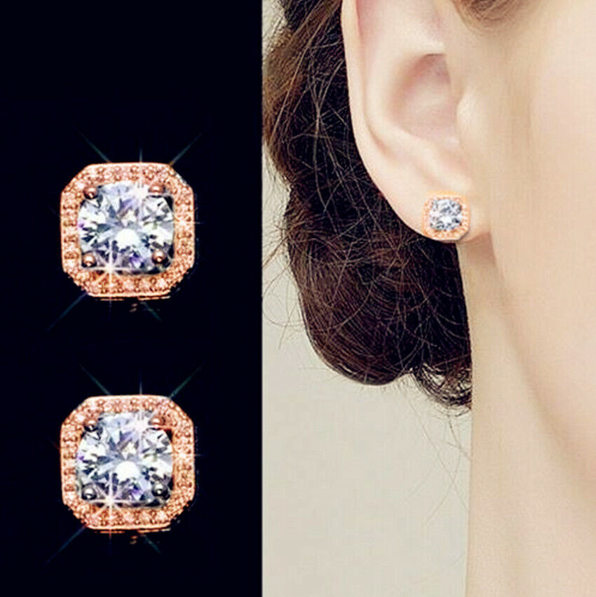 Rose Gold Crystal Square Stud Earrings 925 Sterling Silver Womens Jewellery Gift