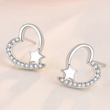 925 Sterling Silver Crystal Heart Star Stud Earrings Womens Jewellery New UK