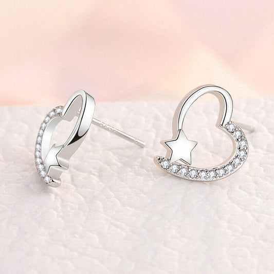 925 Sterling Silver Crystal Heart Star Stud Earrings Womens Jewellery New UK