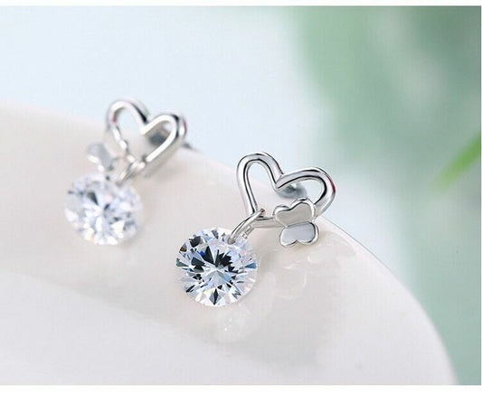 Women 925 Sterling Silver Crystal Heart Butterfly Stud Earrings Valentine's Gift