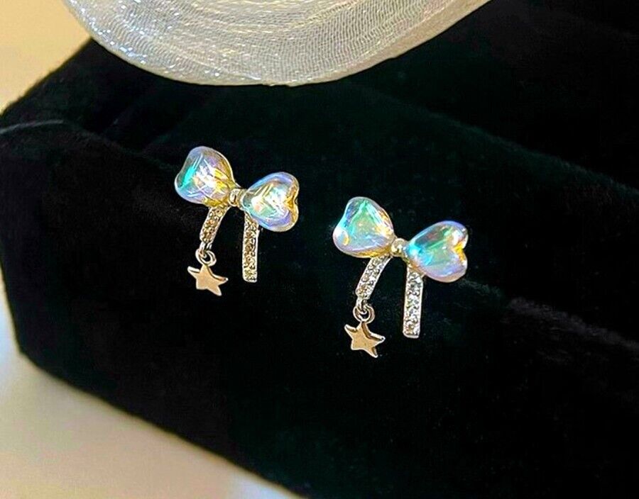 925 Sterling Silver Crystal Colourful Star Bow Stud Earring Women Girl Jewellery