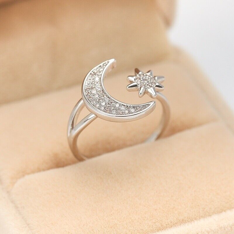 Moon and Star Adjustable Ring Women's Gift Silver Colour