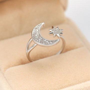 Moon and Star Adjustable Ring Women's Gift Silver Colour