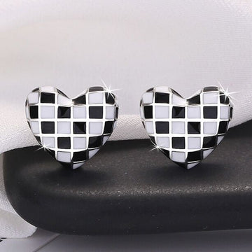 Fashion Checkerboard Heart Stud Earrings 925 Sterling Silver Women Jewellery UK