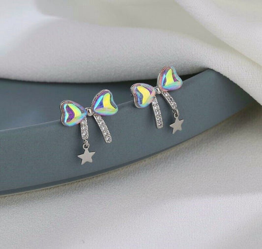 925 Sterling Silver Crystal Colourful Star Bow Stud Earring Women Girl Jewellery