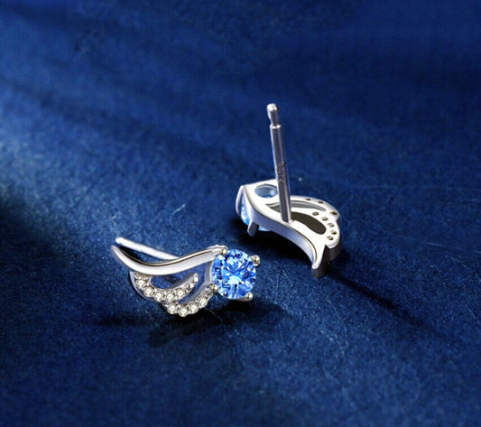 Blue Crystal Angel Wing Stud Earrings 925 Sterling Silver Women Jewellery New UK