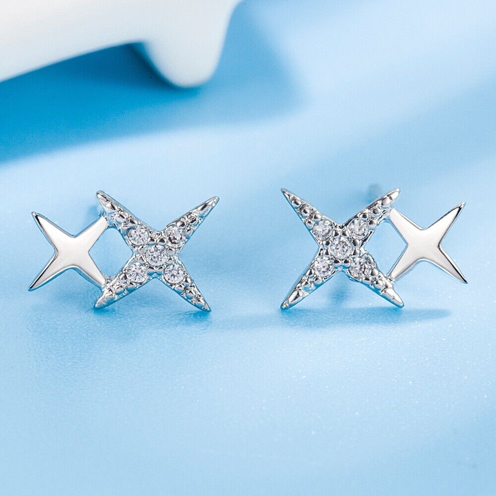 Shiny 925 Sterling Silver Cute Small CZ Double Star Stud Earrings Women Gift UK