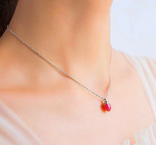 Pink Strawberry Pendant 925 Sterling Silver Necklace Chain Womens Jewellery Gift