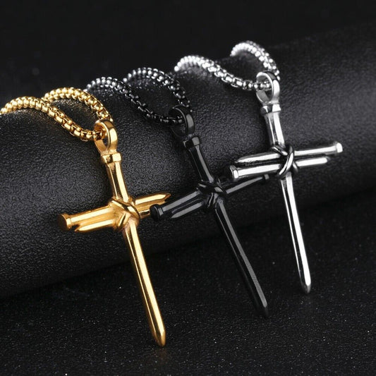 Mens Women Chain Necklace Black Cross Stainless Steel Pendant Crucifix Jesus UK