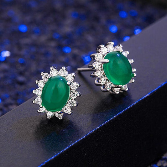 925 Sterling Silver Crystal Green Jade Stud Earrings Jewellery Women Gift