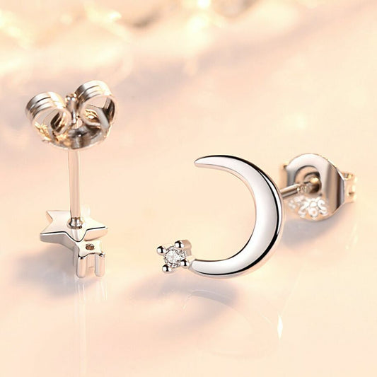 Crystal Moon Star Stud Earrings 925 Sterling Silver Women Girls Jewellery Gift