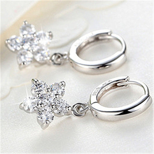 Sparkling 925 Sterling Silver CZ Flower Dangle/Drop Hoop Huggie Earrings Gift