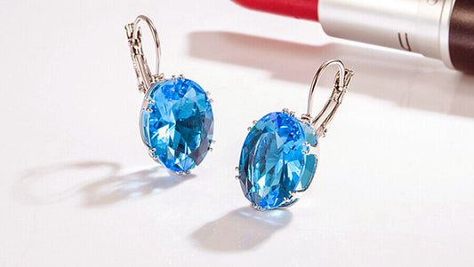 Sky Blue Oval Ear Stud Sleeper Earrings 925 Sterling Silver Women Jewellery Gift