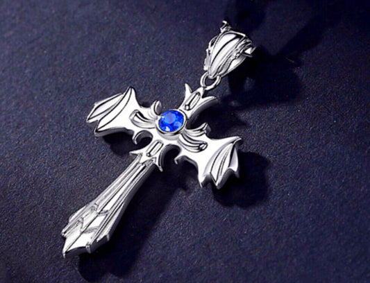 Halloween Blue Crystal Cross Pendant Necklace 925 Sterling Silver Jewellery Gift