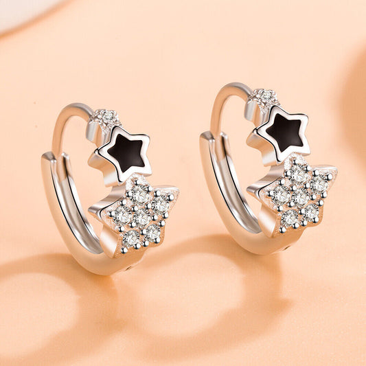 Shiny 925 Sterling Silver Black Resin CZ Star Hoop Circle Huggie Earrings Gift