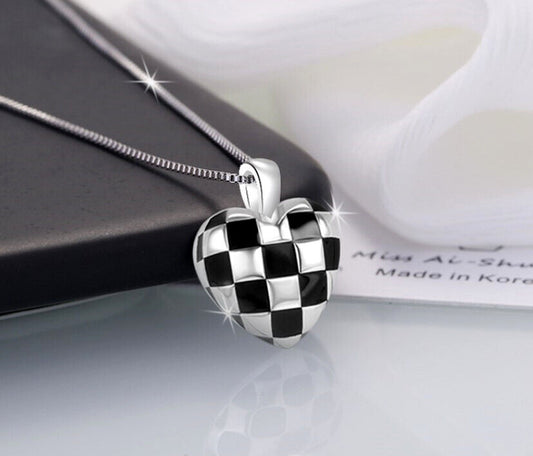 Checkerboard Heart 925 Sterling Sliver Pendant Chain Necklace Women Jewellery UK