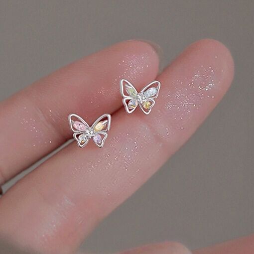 925 Sterling Silver Crystal Colourful Butterfly Stud Earrings Womens Jewellery