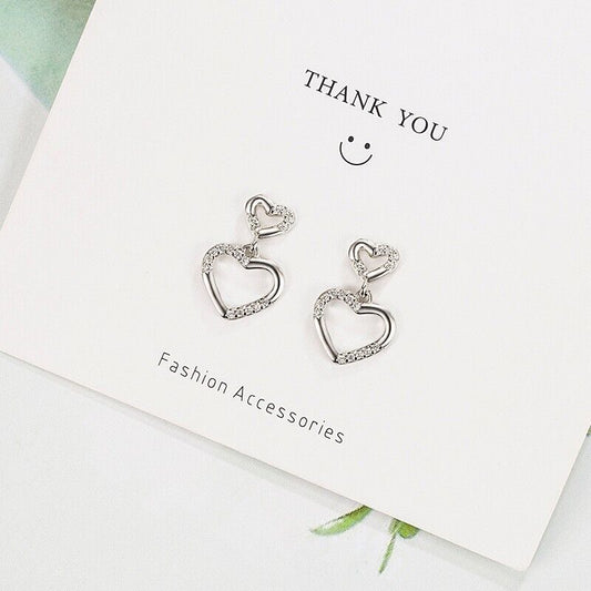 925 Sterling Silver Open Double Love Heart CZ Drop Dangle Stud Earrings Gift UK