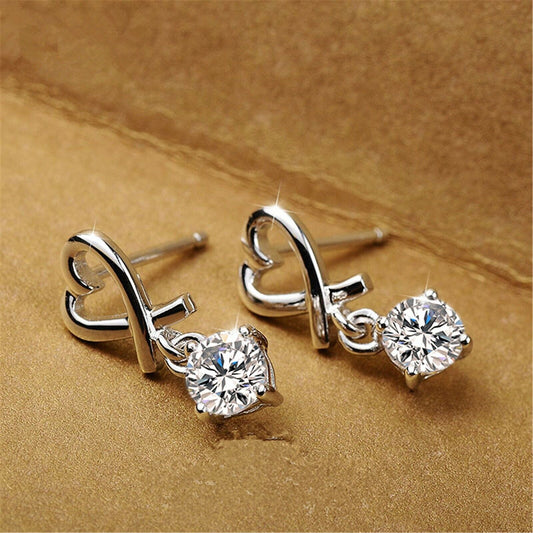 925 Sterling Silver Open Love Heart Ribbon CZ Drop Dangle Stud Earrings Gift UK