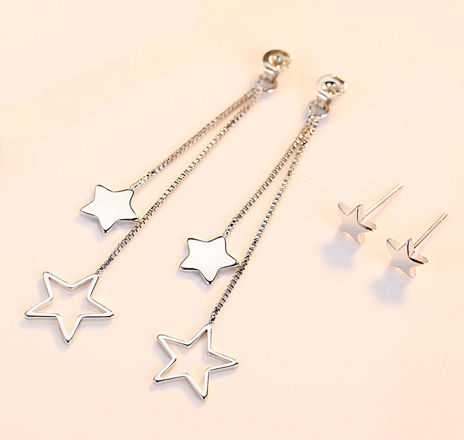 Star Drop Long Tassel Stud Earrings 925 Sterling Silver Chain Womens Jewellery