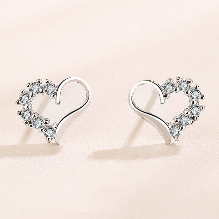 925 Sterling Silver Crystal Heart Stud Earrings Womens Girls Jewellery New UK