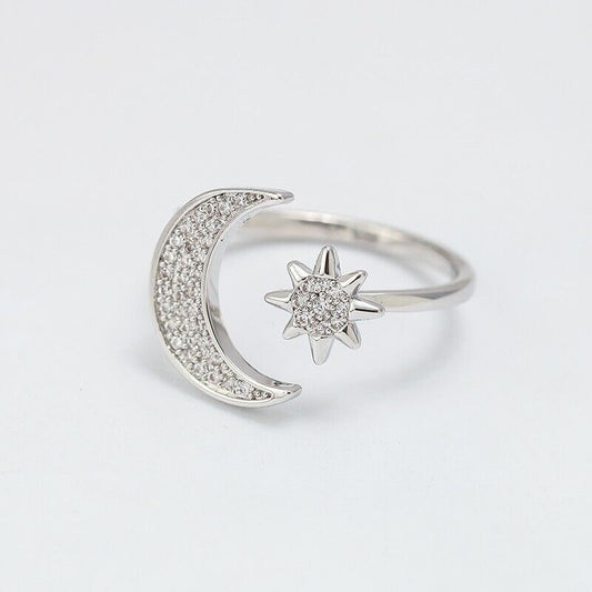 Moon and Star Adjustable Ring Women's Gift Silver Colour