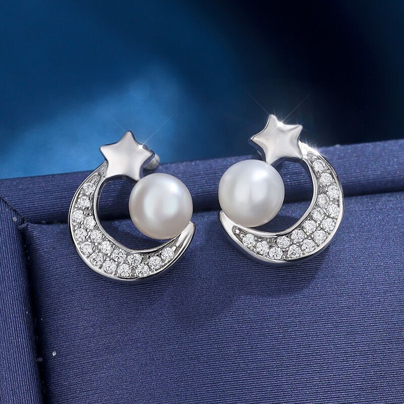 Crystal Moon Star Pearl Stud earrings 925 Sterling Silver Women Girls Jewellery