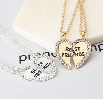 Silver Gold Broken Heart Best Friend Rhinestone 2 Pcs Friendship Necklace Gift