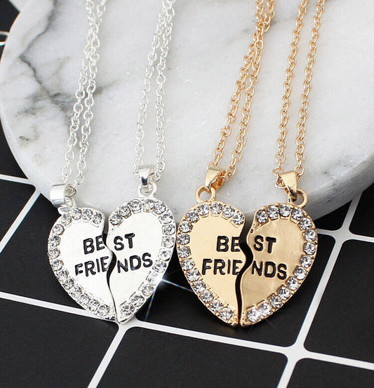 Silver Gold Broken Heart Best Friend Rhinestone 2 Pcs Friendship Necklace Gift