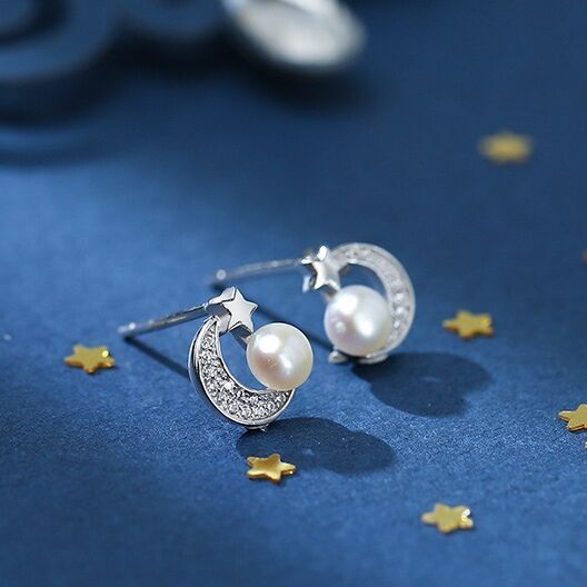 Crystal Moon Star Pearl Stud earrings 925 Sterling Silver Women Girls Jewellery