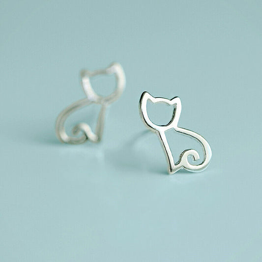 925 Sterling Silver Cutie Cat Hollow Stud Earrings Womens Girls Jewellery Gift