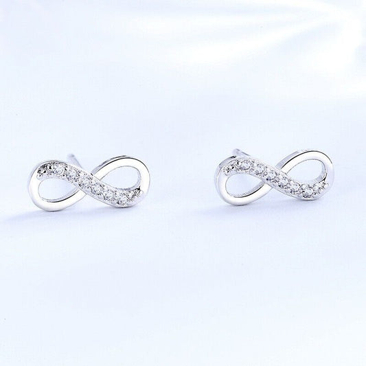 925 Sterling Silver Cute Small Half CZ Infinity Stud Earrings Girl Women Gift UK