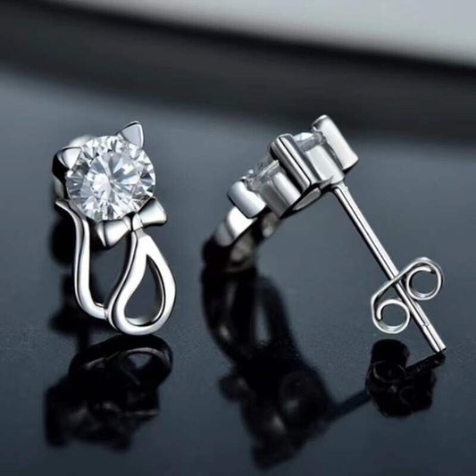 925 Sterling Silver Cute Crystal CZ Cat Stud Earrings Women Girls Jewellery Gift