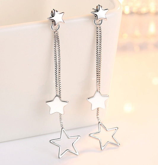 Star Drop Long Tassel Stud Earrings 925 Sterling Silver Chain Womens Jewellery