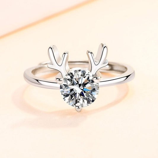 Christmas Elk Crystal Adjustable Ring 925 Sterling Silver Jewellery Women Gift