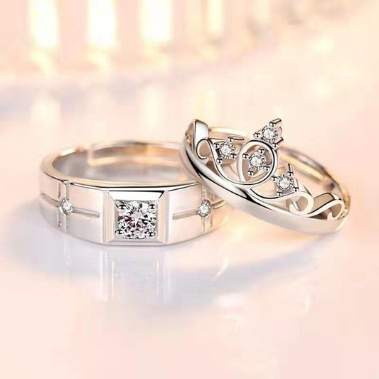 2pcs/set 925 Silver Square Crown Zircon Promise Ring Couple Adjustable Jewelry