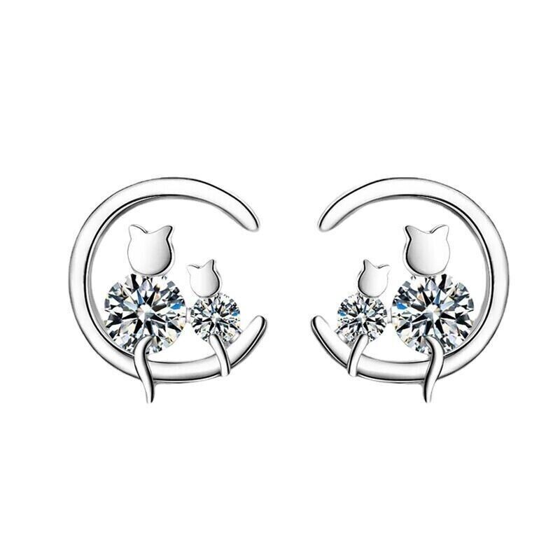 925 Sterling Silver Cute 2 CZ Cat Crescent Moon Stud Earrings Women Girl Gift UK