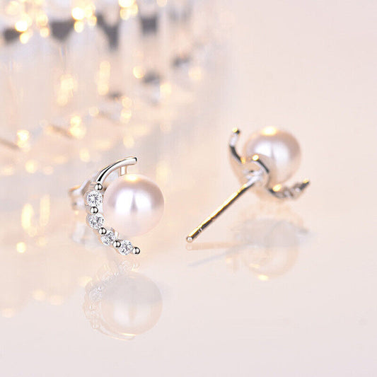 Stud Earrings Sparkling 925 Sterling Silver Earrings Pearl CZ Women Girl Gift